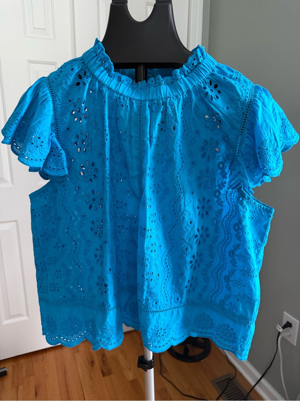 Jennifer & Grace Blue Eyelet Cottagecore Feminine Ruffle‎ Sleeve Blouse Size L